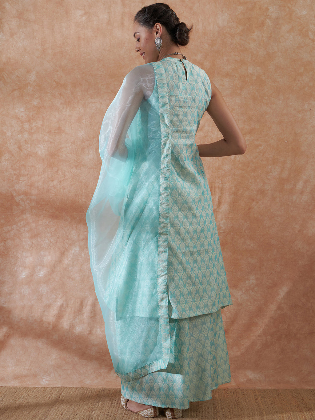 InWeave Women's Powder Blue Jacquard Halter Kurta Set W Powder Blue Or Dupatta | Grocsy