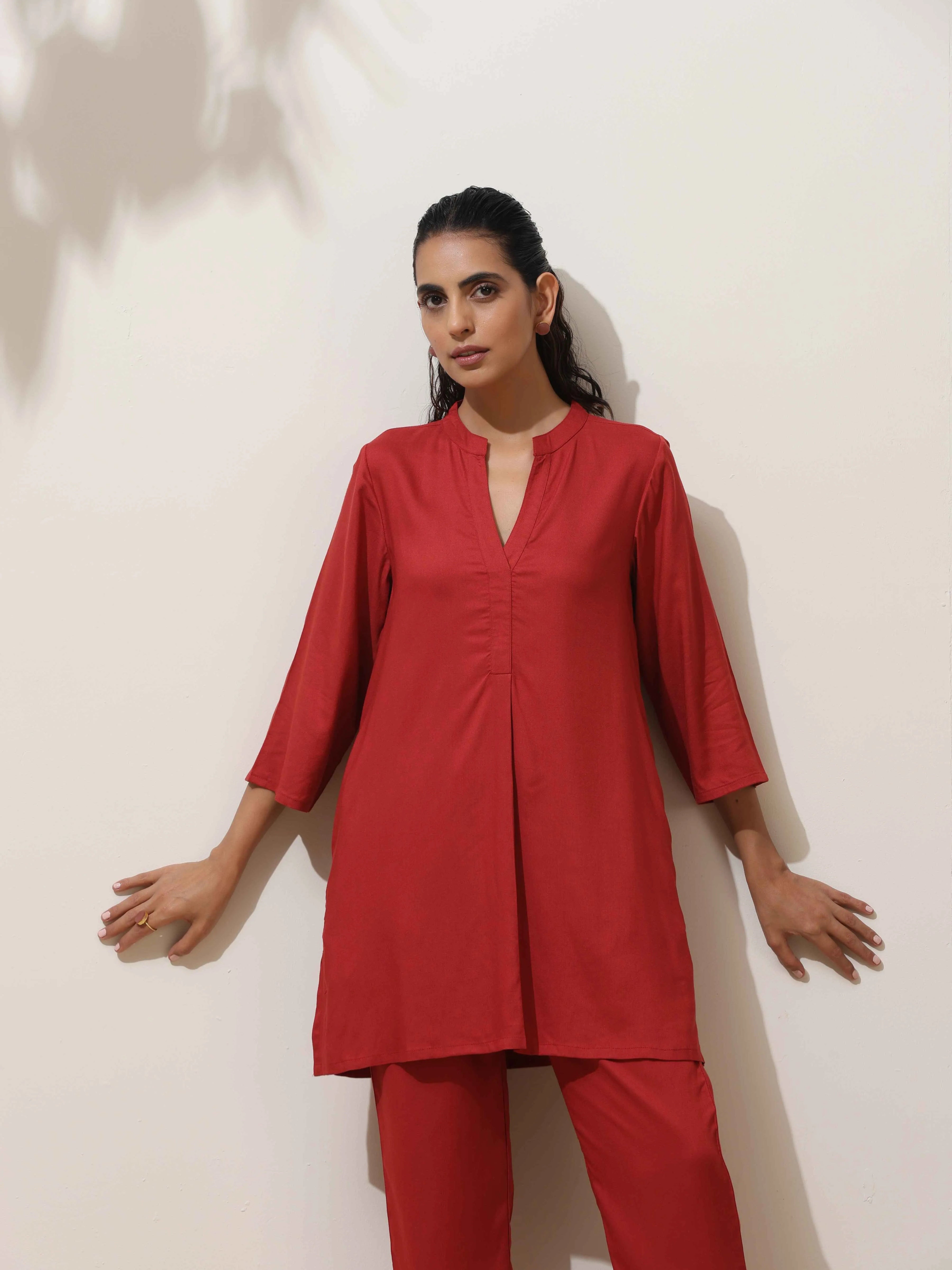 trueBrowns Maroon Viscose Solid Co-ord Set | Grocsy