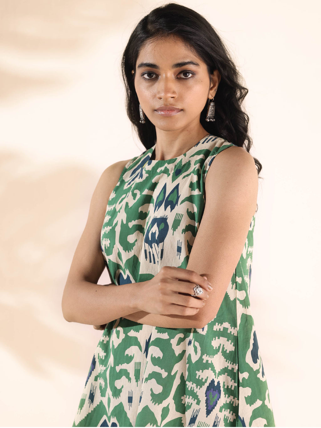 trueBrowns Green Cotton Ikat Sleeveless Co-ord Set | Grocsy