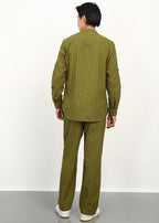 Fabmade Olive Stripe Linen Kurta Set | Grocsy