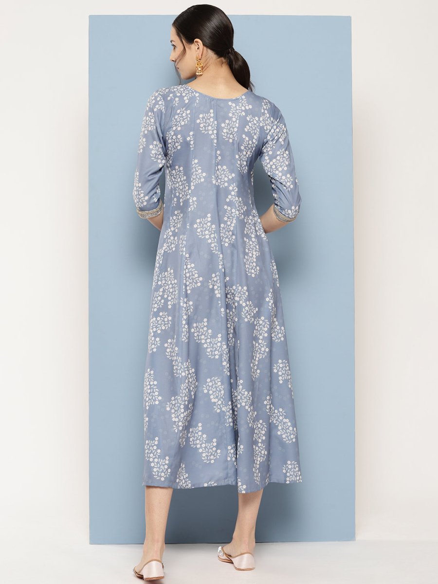 Ahalyaa Floral Printed Midi A-Line Ethnic Dress | Grocsy