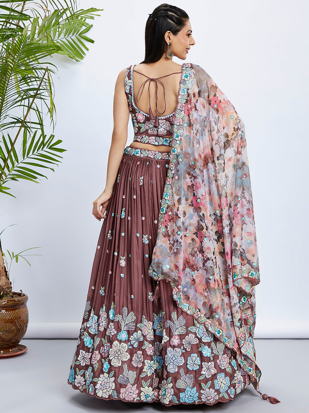 House of Panchhi Rose Gold Pure Georgette Sequins And Thread Embroidery Lehenga Choli & Dupatta | Grocsy