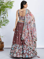 House of Panchhi Rose Gold Pure Georgette Sequins And Thread Embroidery Lehenga Choli & Dupatta | Grocsy