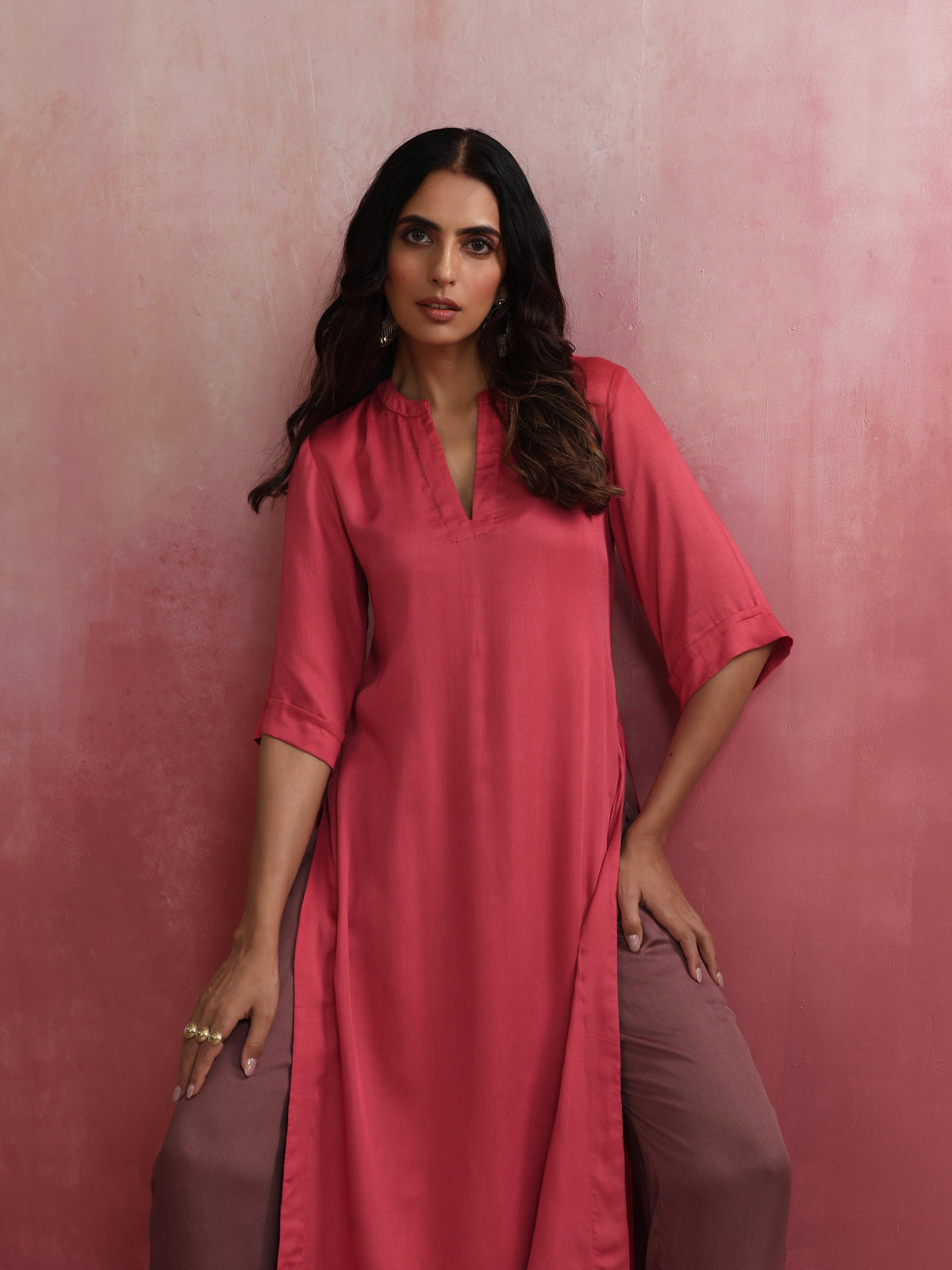 trueBrowns Red Modal Straight Fit Kurta Set | Grocsy