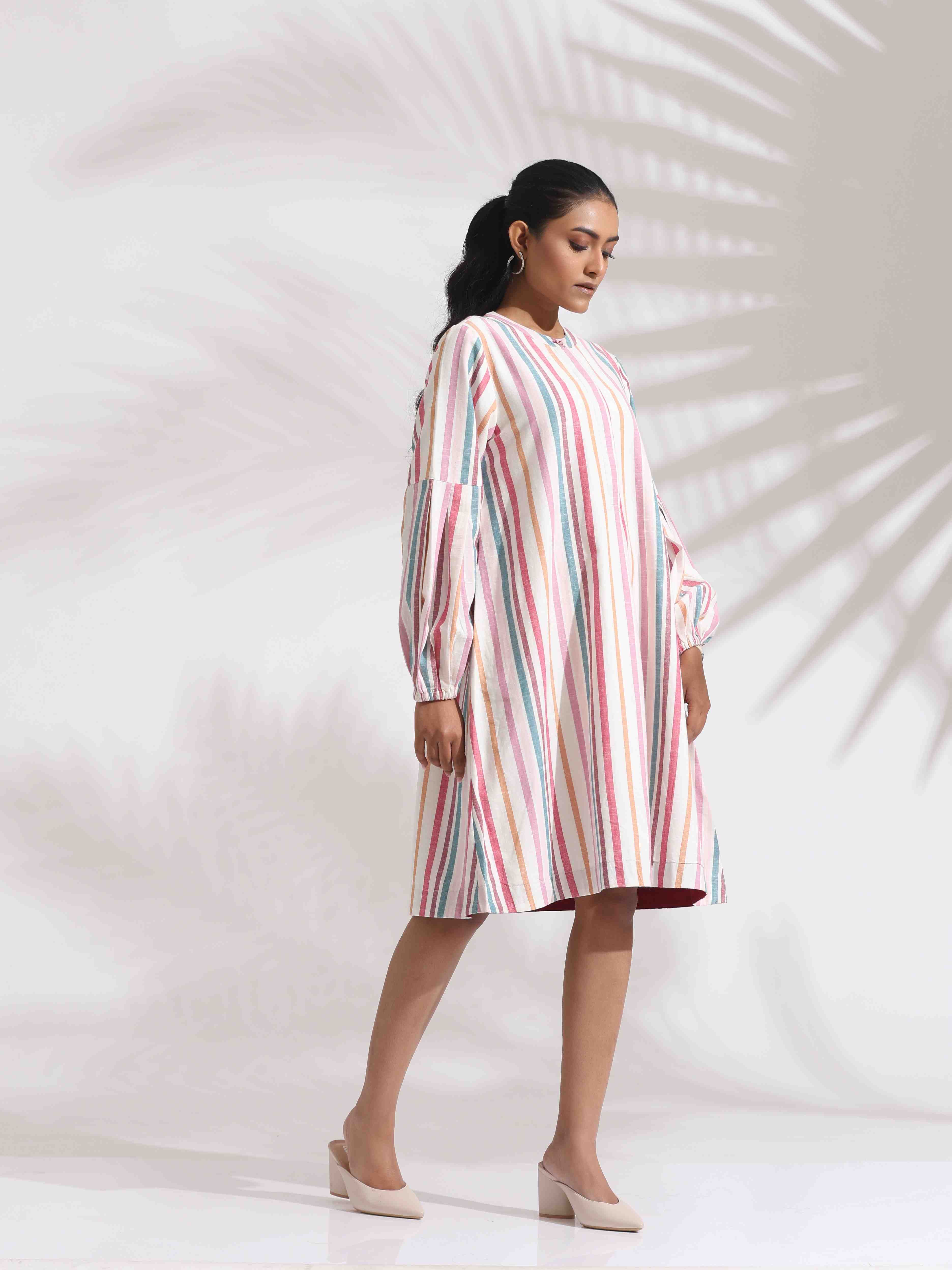 trueBrowns Off-White Cotton Multi Stripe Short Dress | Grocsy