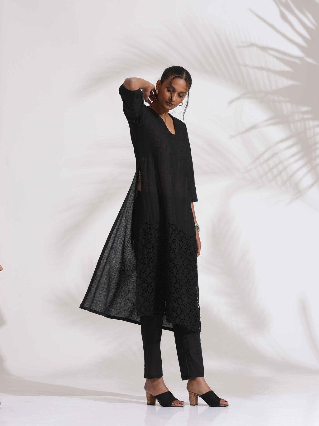 trueBrowns Black Cotton Schiffli Kurta Set | Grocsy