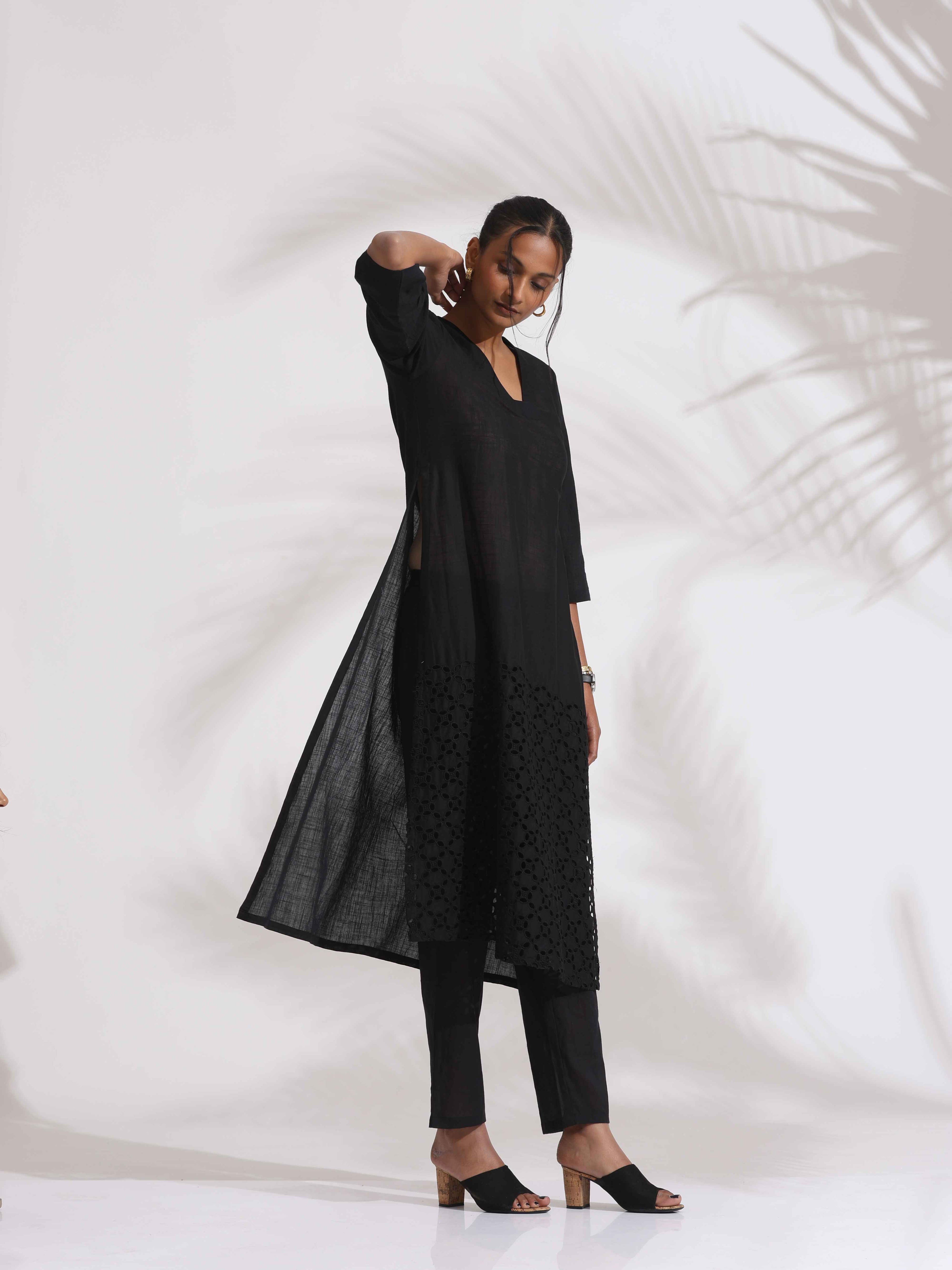 trueBrowns Black Cotton Schiffli Kurta Set | Grocsy