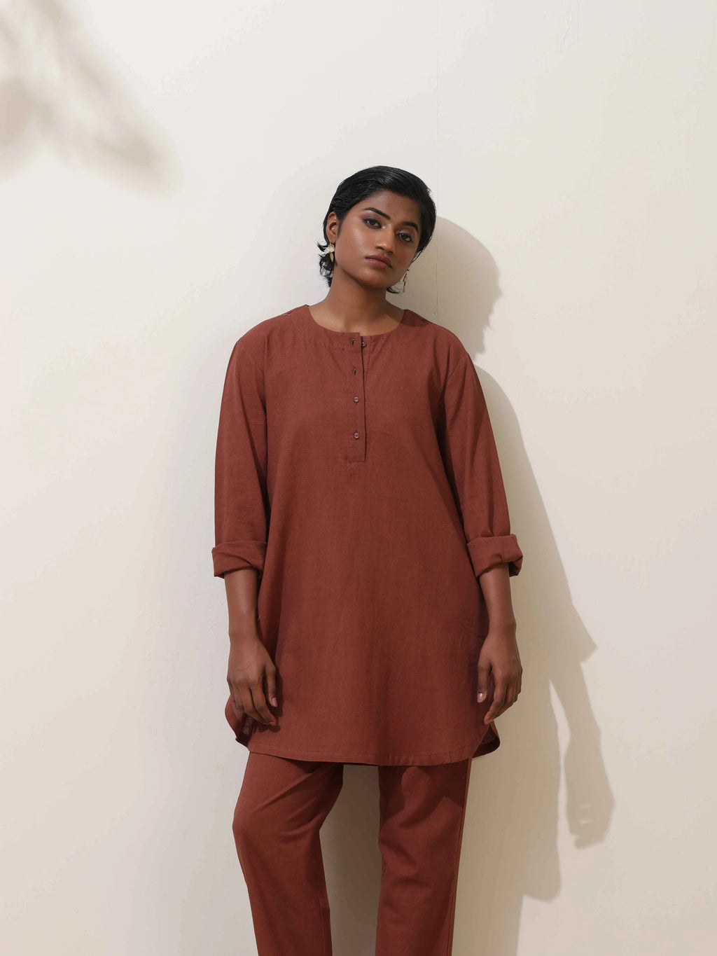 trueBrowns Brown Cotton Linen Kurta Co-Ord Set | Grocsy