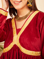 InWeave Women's Barn Red Mughal Shaan Style Velvet Short Kurta Set | Grocsy