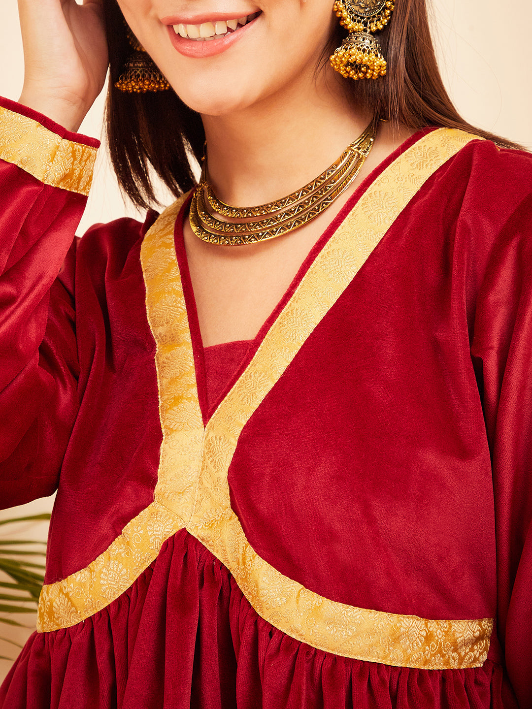 InWeave Women's Barn Red Mughal Shaan Style Velvet Short Kurta Set | Grocsy