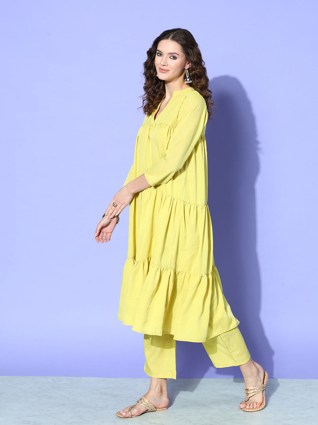 InWeave Women's Lime Green Flared Kurta Set With Green Organza Dupatta | Grocsy