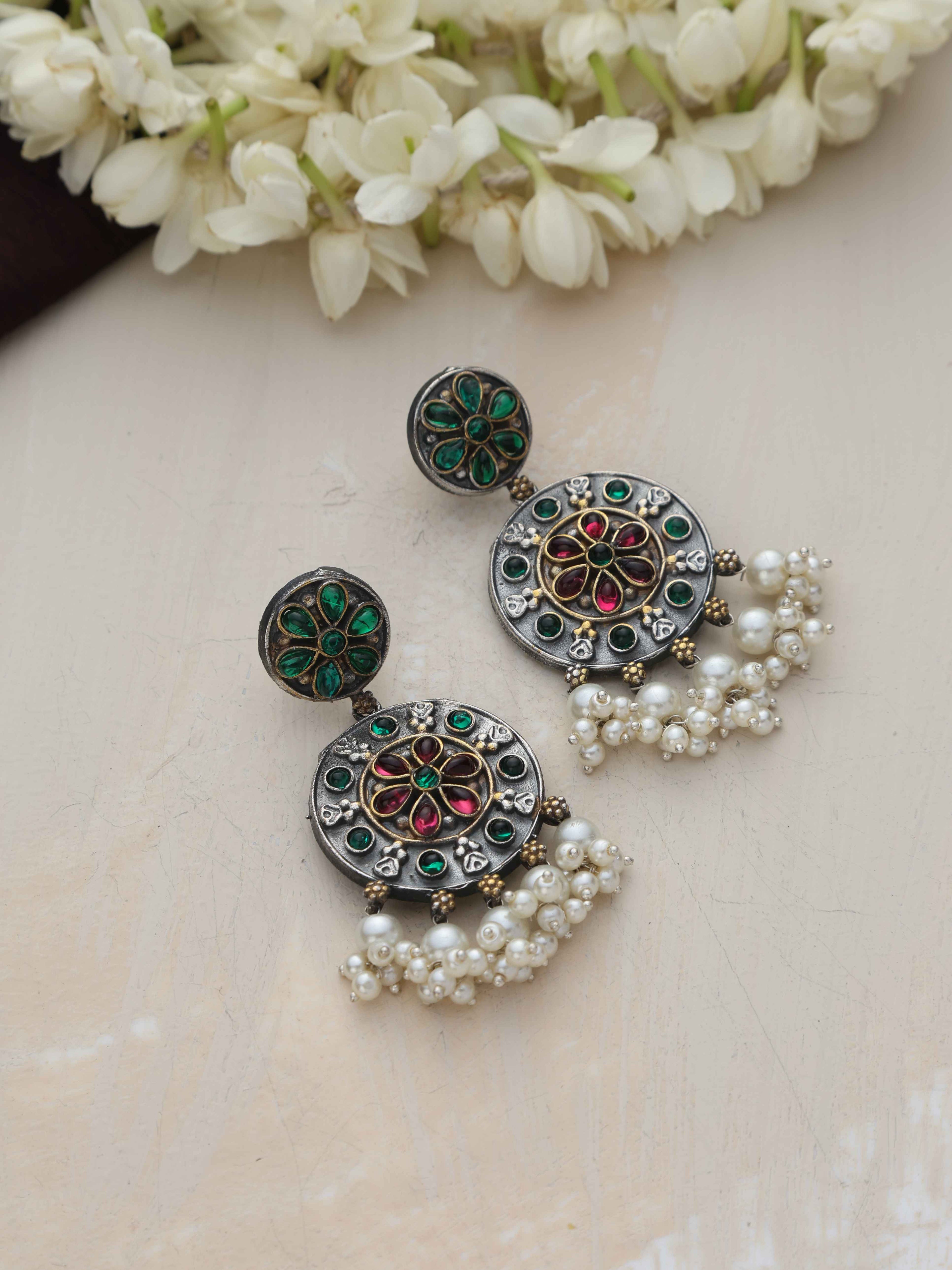 trueBrowns Silver Gold Tone Circular Stone Earrings | Grocsy