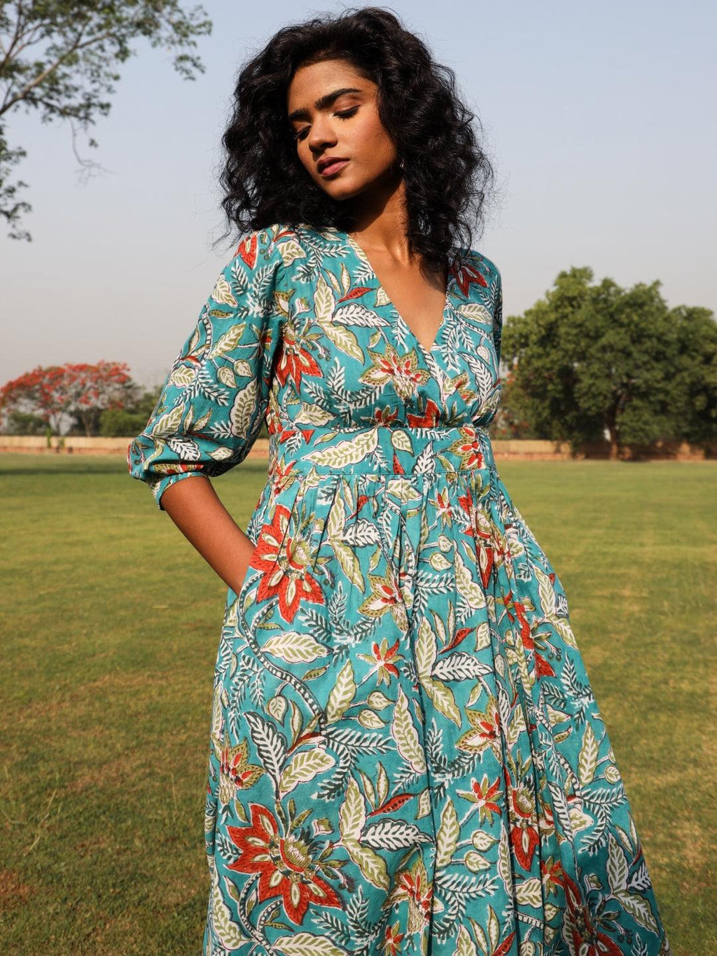 trueBrowns Teal Cotton Block Print Wrap Dress | Grocsy