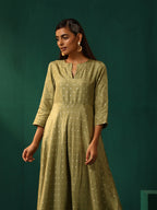 trueBrowns Green Square Viscose Silk Flared Kurta Pant Set | Grocsy