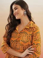 InWeave Women's Haldi Yellow Mughal Kalamkari Flared Dress | Grocsy