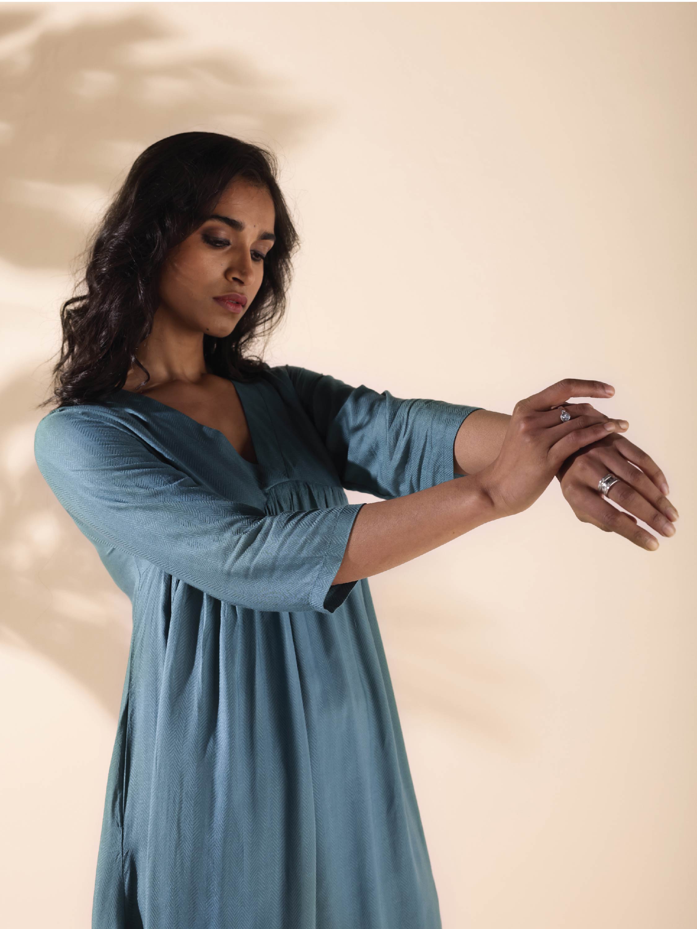 trueBrowns Turquoise Viscose Dobby Flared Kurta Pant Set | Grocsy