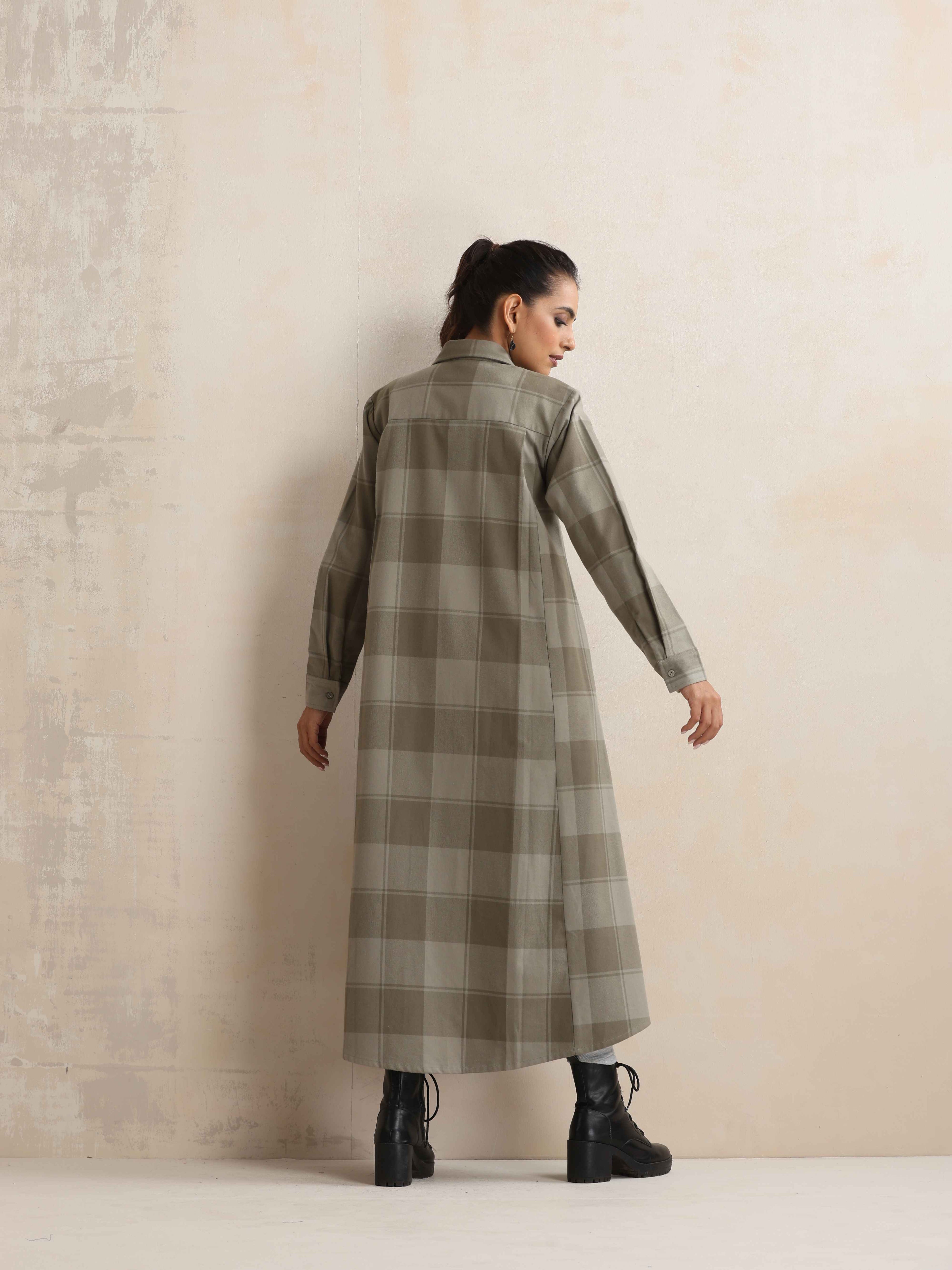 trueBrowns Green Check Flared Winter Dress | Grocsy
