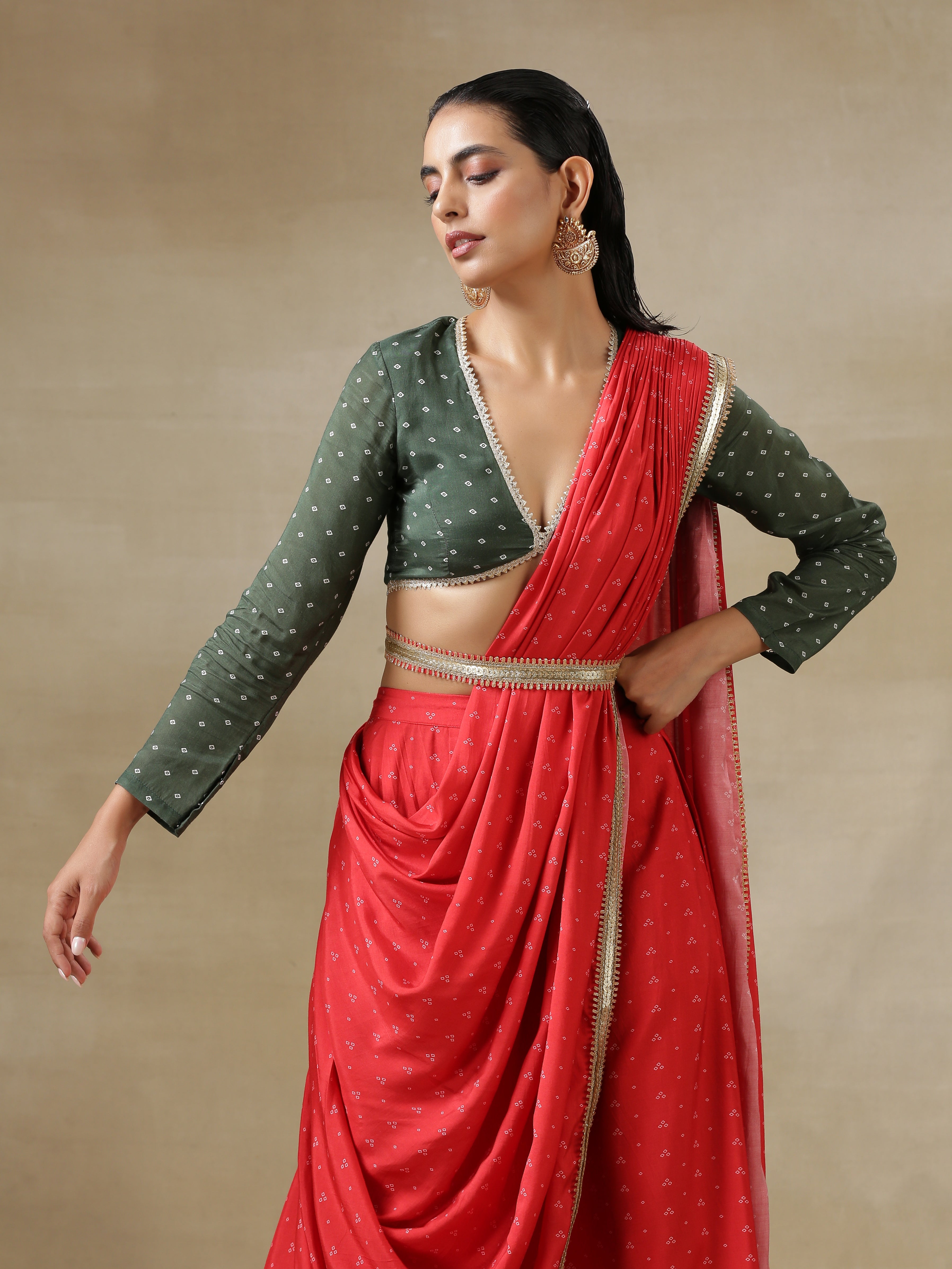 trueBrowns Red Bandhani Printed Silk Skirt Stitched Saree with Belt | Grocsy