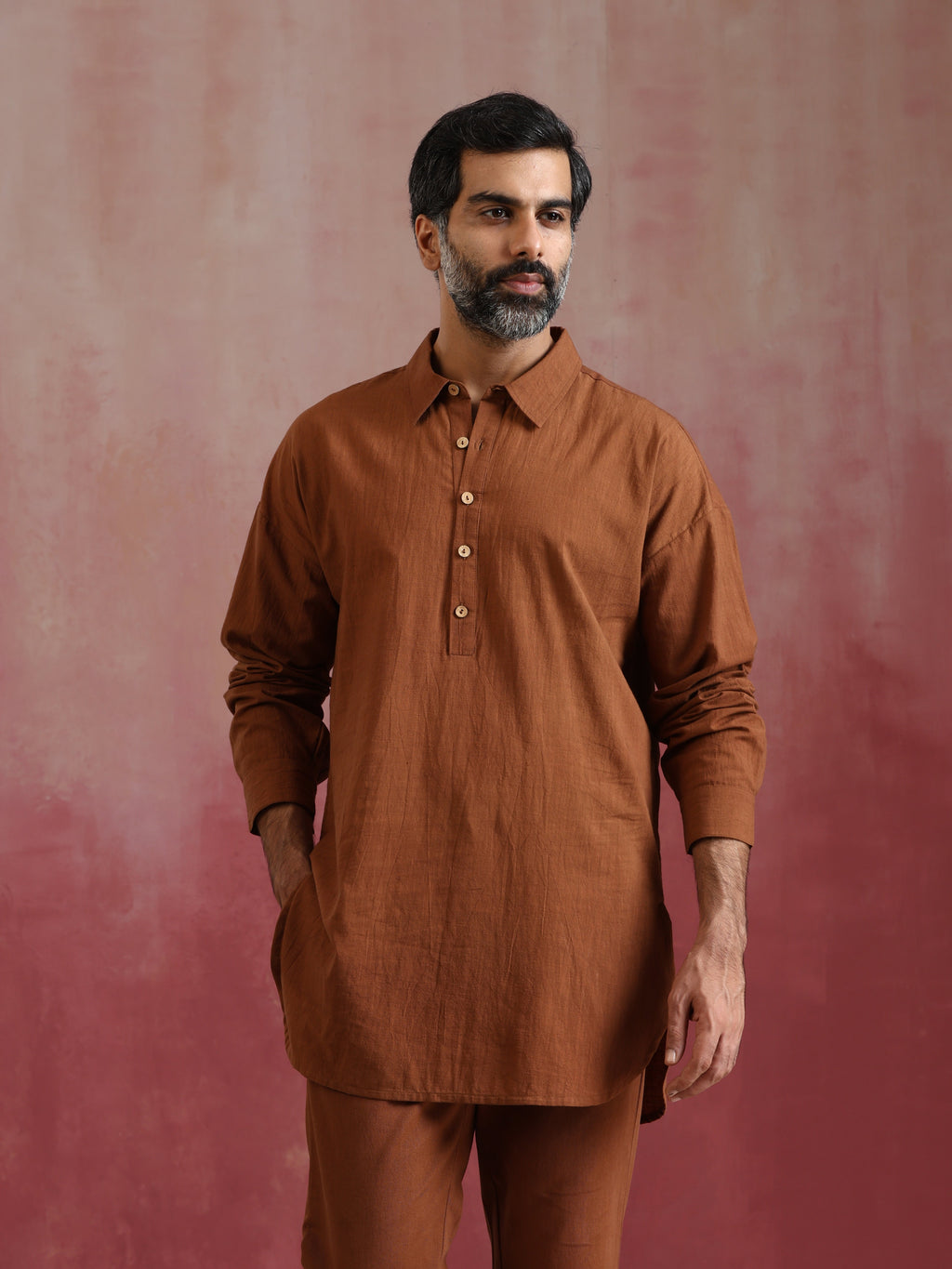 trueBrowns Men's Brown Cotton Shirt Collar Stylized Kurta Co-ord set | Grocsy
