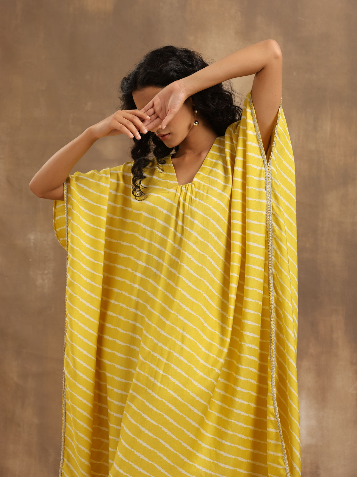 trueBrowns Lime Lehariya Printed Silk Kaftan Pant Set | Grocsy