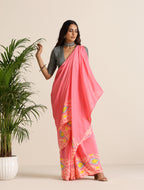trueBrowns Pink Lime Muslin Ikat Saree | Grocsy