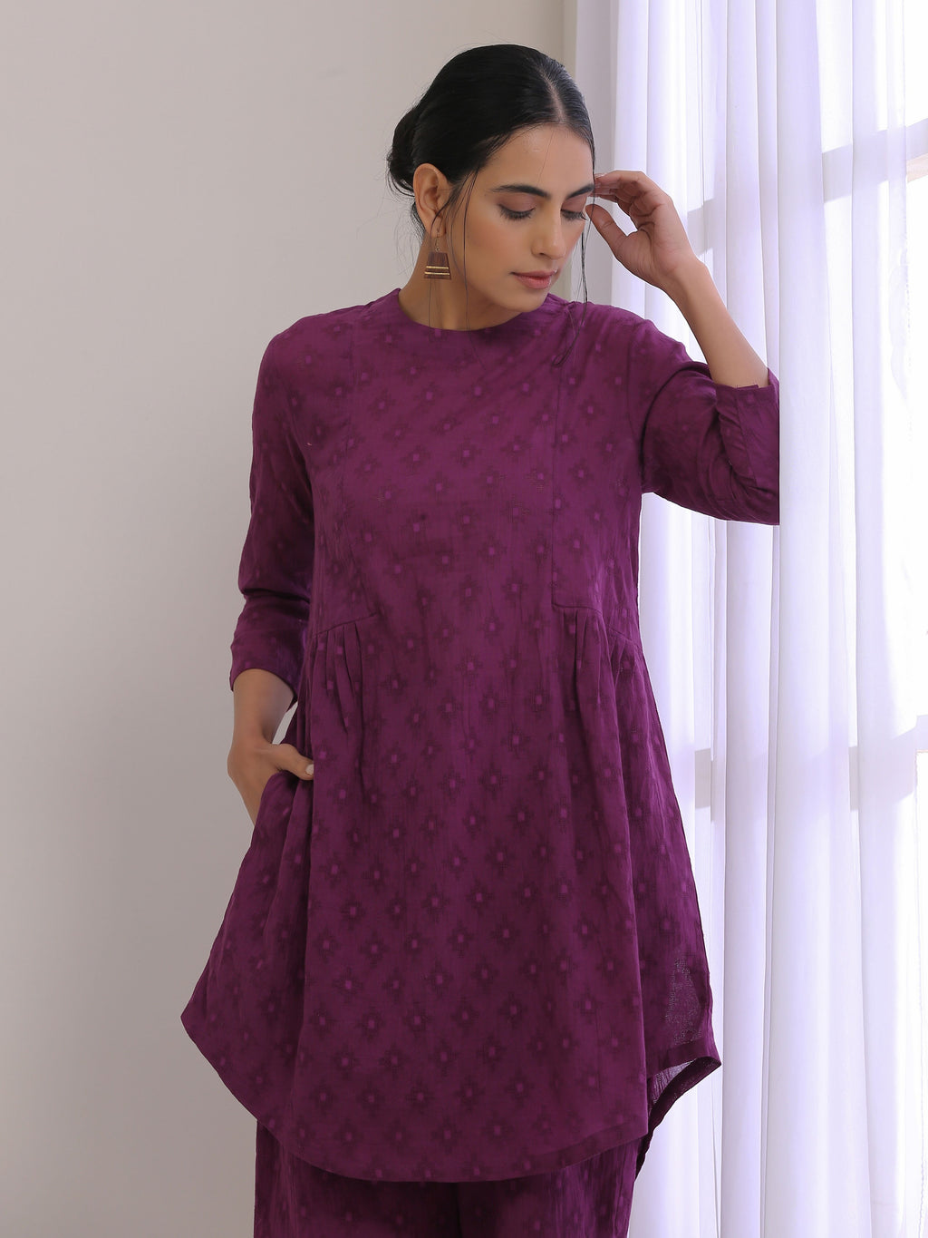 trueBrowns Plum Purple Dobby Gathers Co-Ord Set | Grocsy