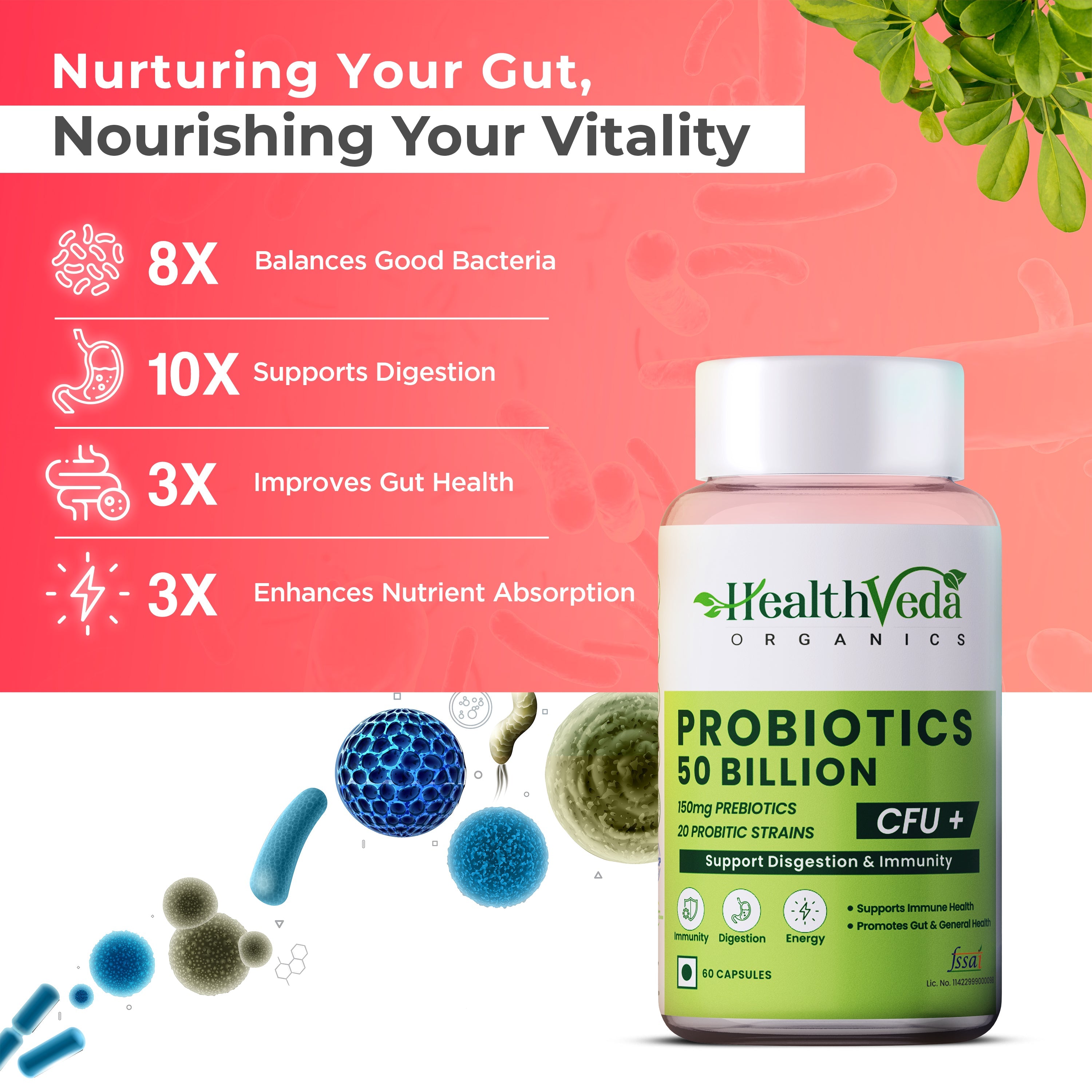 Health Veda Organics Probiotics 50 Billion Veg Capsules | Grocsy
