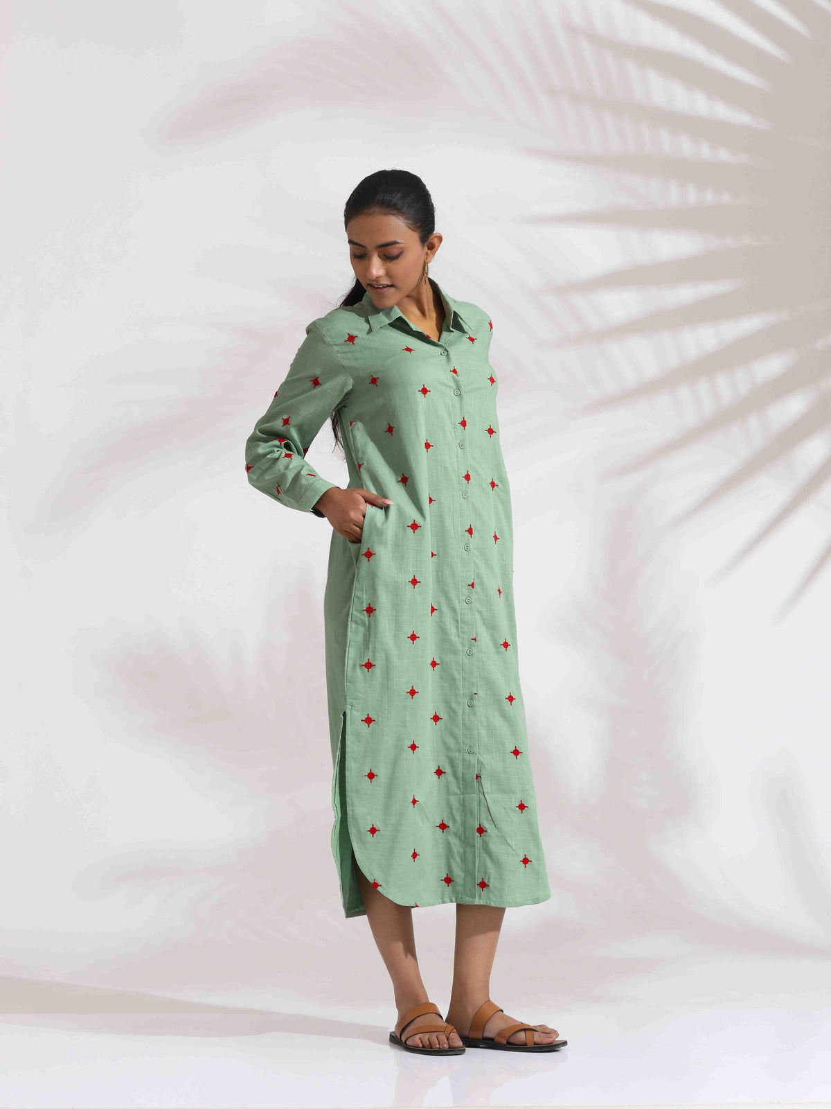 trueBrowns Green Cotton Embroidered Shirt Dress | Grocsy