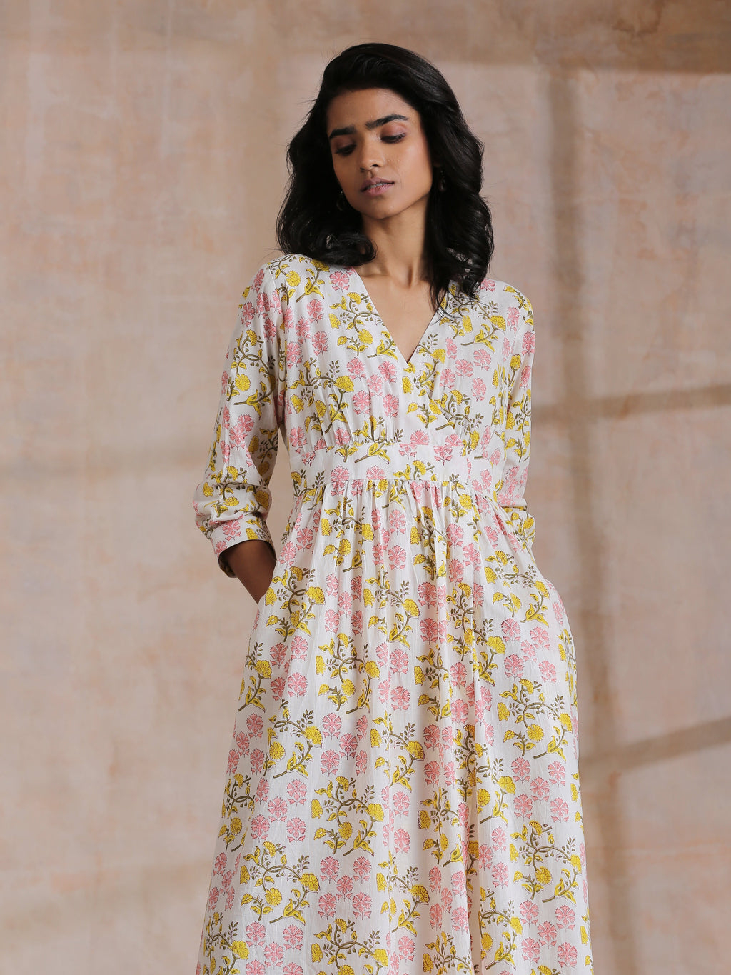trueBrowns Pink Yellow Floral On White Block Print Cotton Wrap Dress | Grocsy