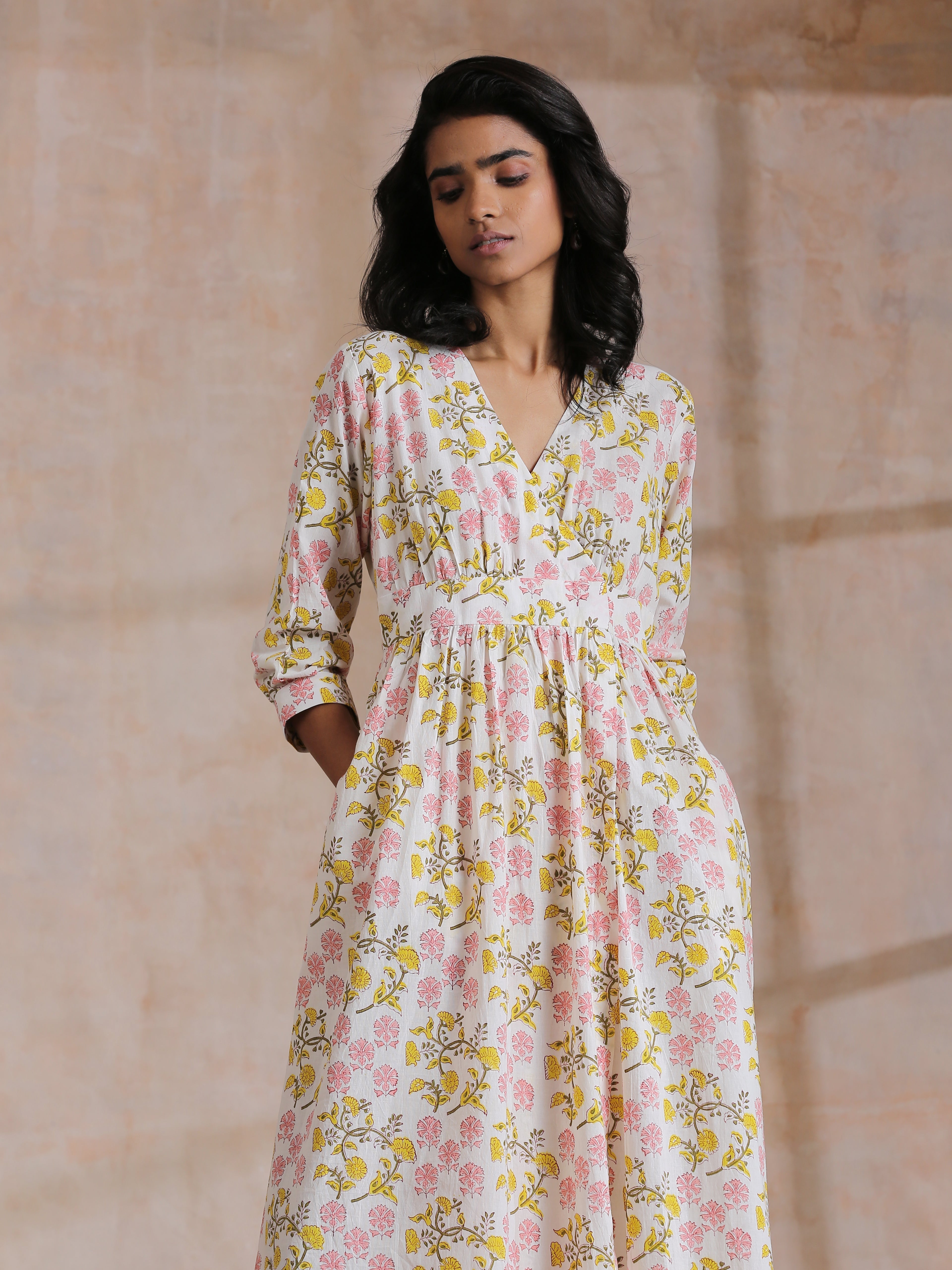 trueBrowns Pink Yellow Floral On White Block Print Cotton Wrap Dress | Grocsy