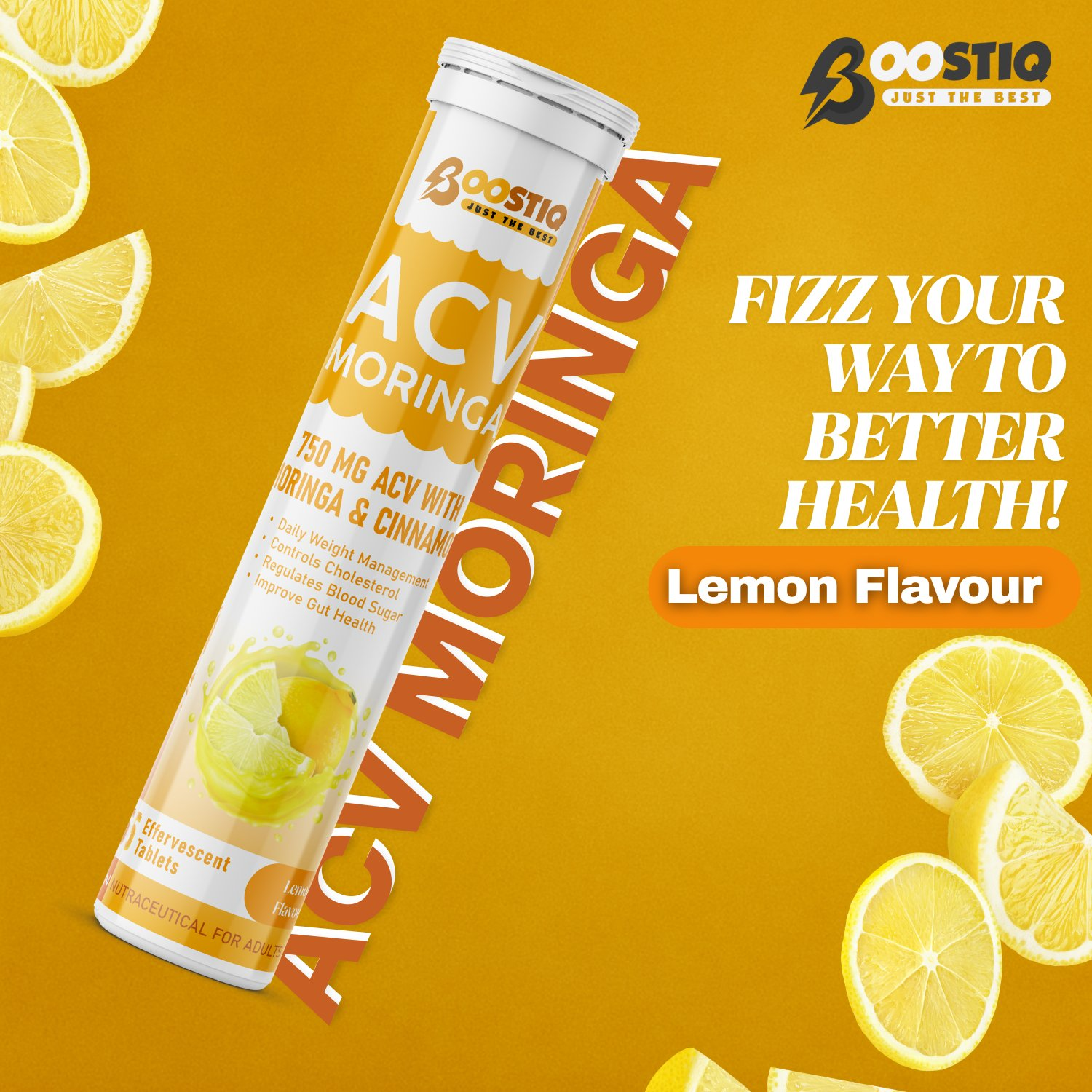 BOOSTIQ ACV Moringa & Cinnamon Effervescent Tablets - Lemon Flavour | Grocsy