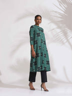 trueBrowns Green Cotton Print Front Slit Kurta Set | Grocsy