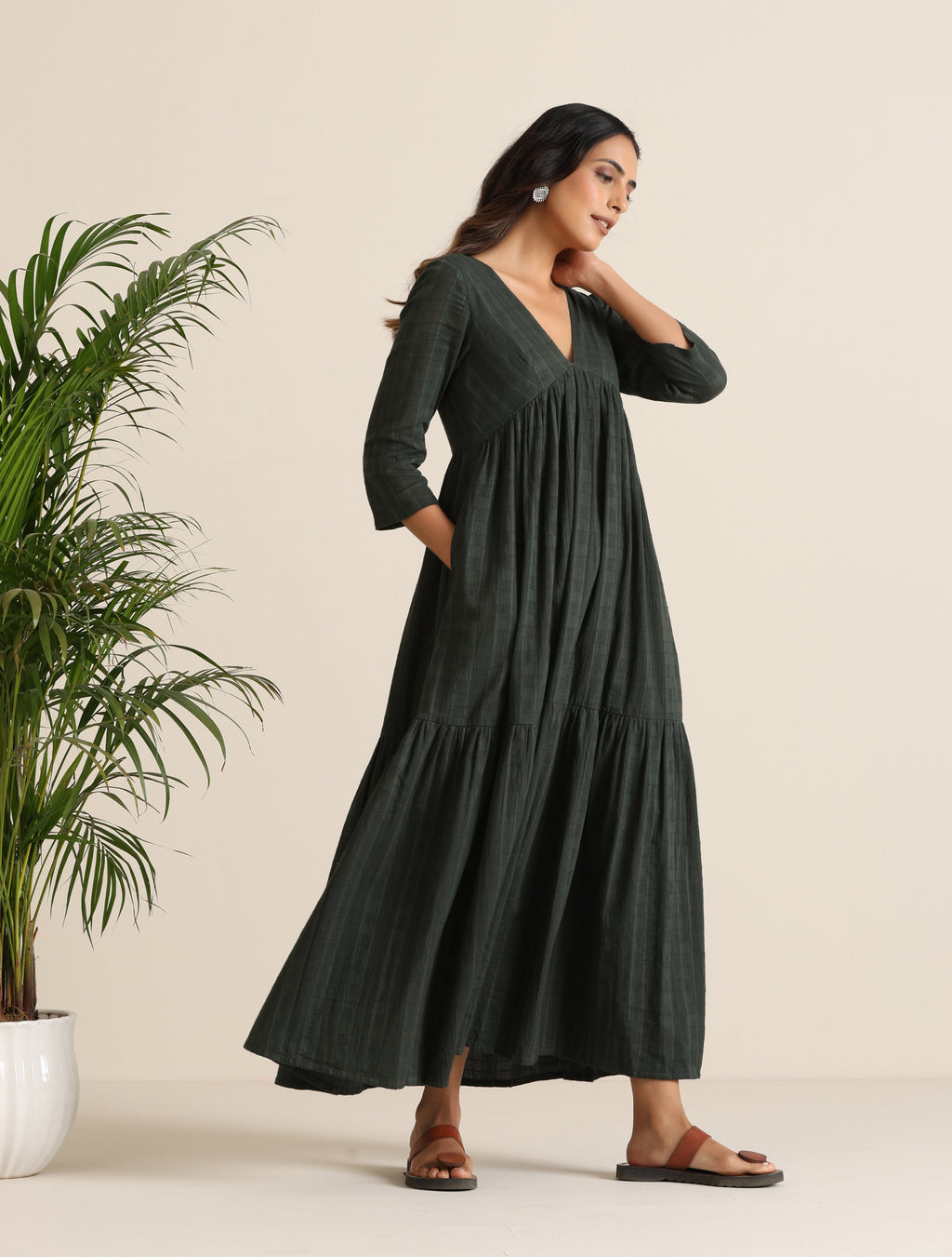 trueBrowns Charcoal Cotton Dobby Tiered Dress | Grocsy