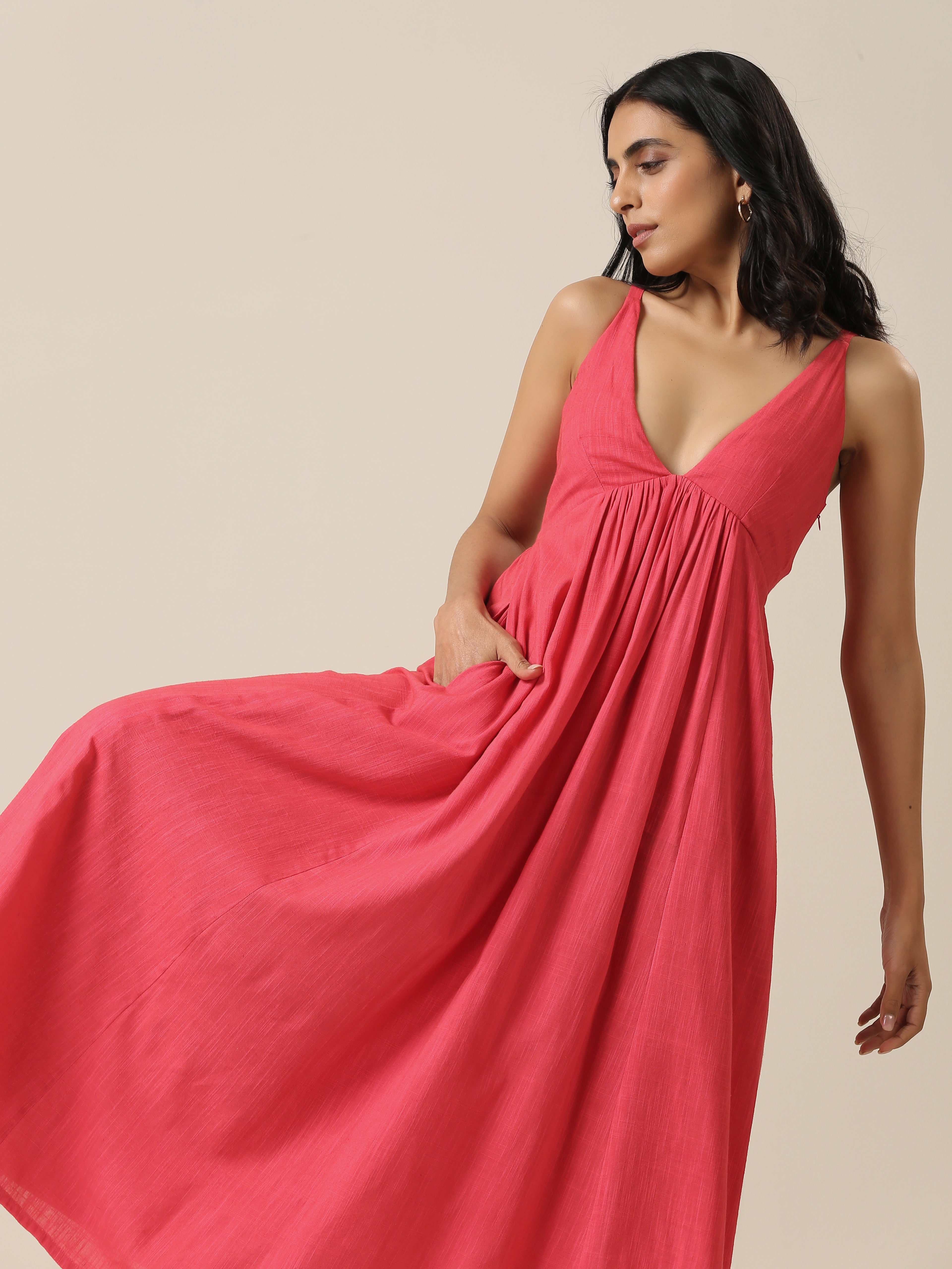 trueBrowns Bright Pink Slub Texture Sleeveless Dress | Grocsy