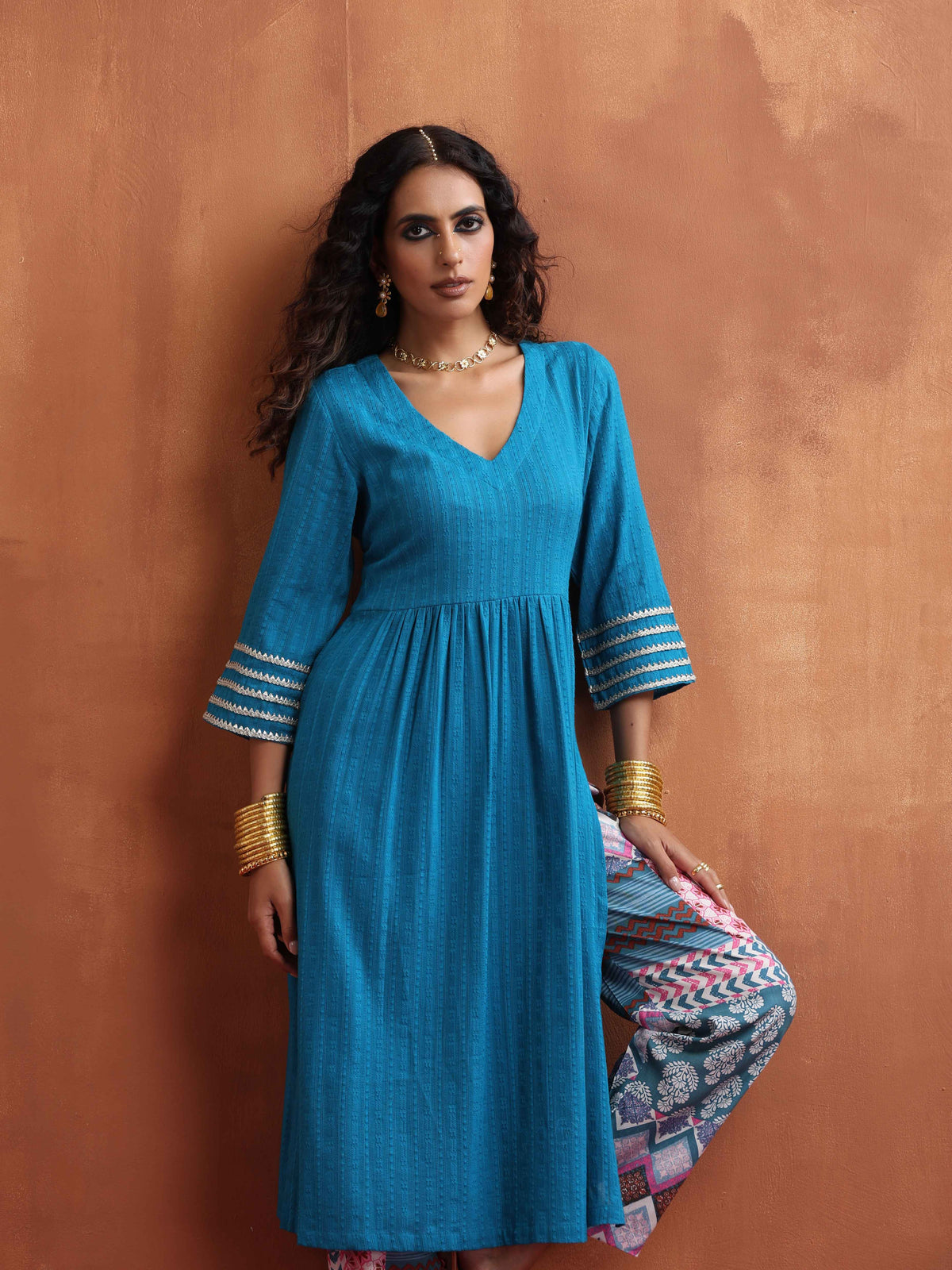 trueBrowns Blue Cotton Flared Anarkali Kurta Set | Grocsy