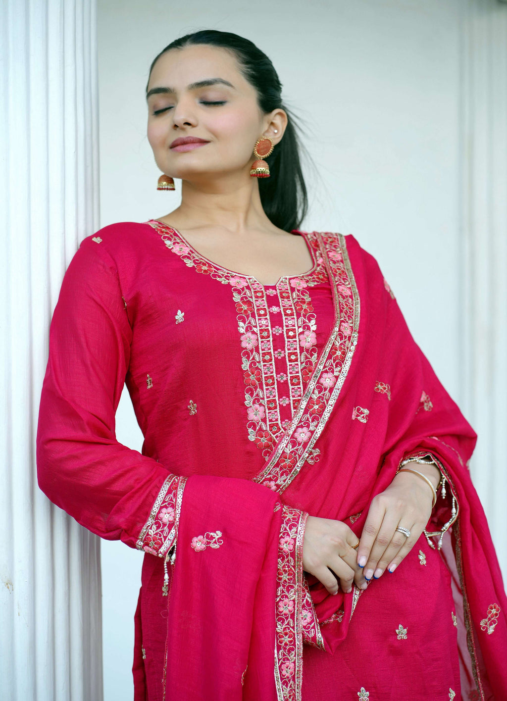 Yash Enterprise Pink Vichitra Silk Party Wear Embroidery Suit Set | Grocsy