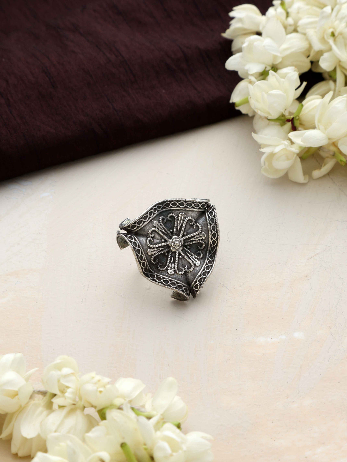 trueBrowns Silver Tone Floral Petal Ring | Grocsy