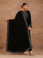 trueBrowns Black Velvet Embroidered Shawl | Grocsy