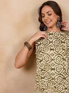 InWeave Mehandi Green White Moroccan Print Round Neck Kurta Set | Grocsy