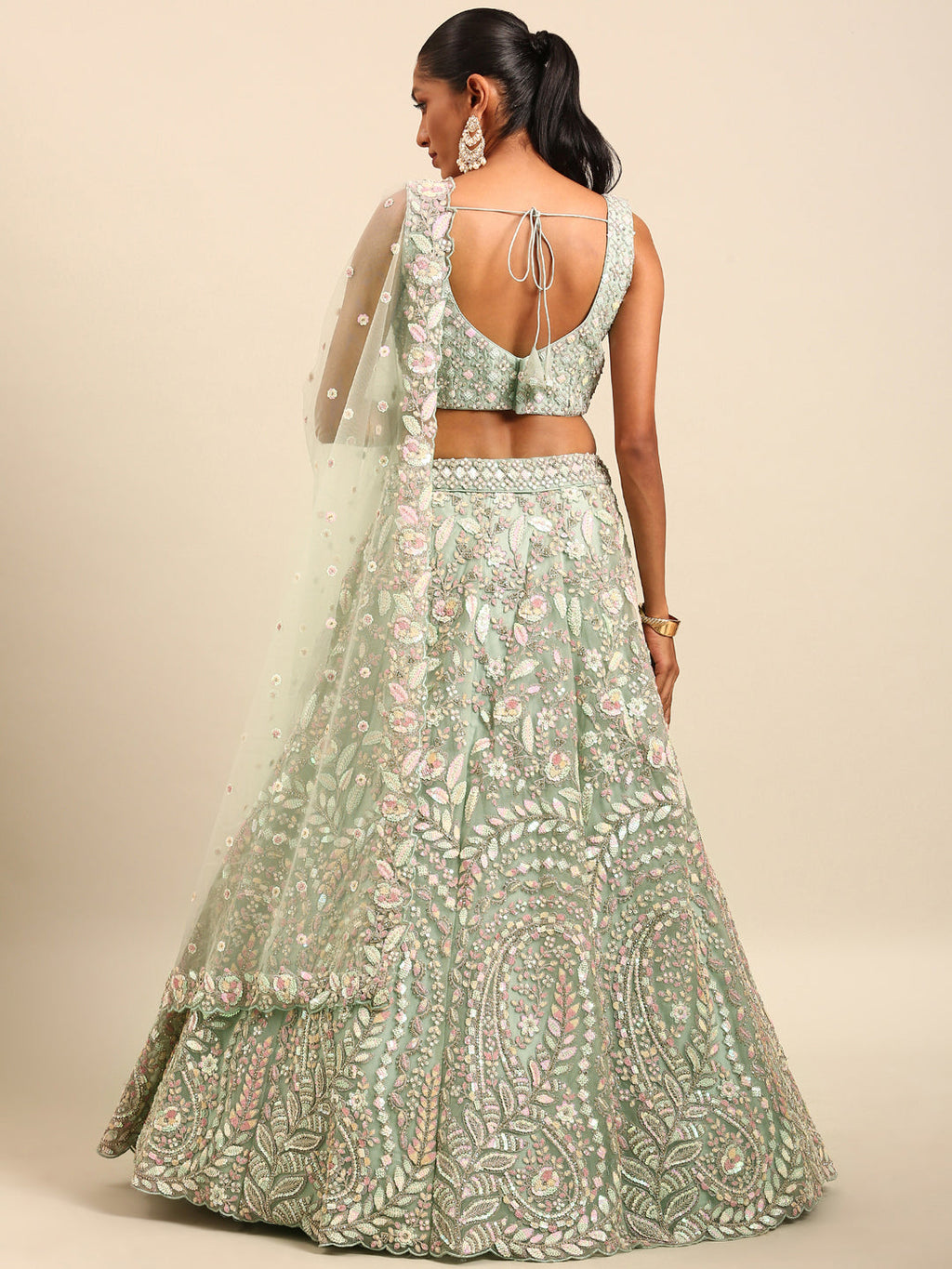 House of Panchhi Sea green Net Multi Sequins with heavy Zarkan embroidery Lehenga choli & Dupatta | Grocsy