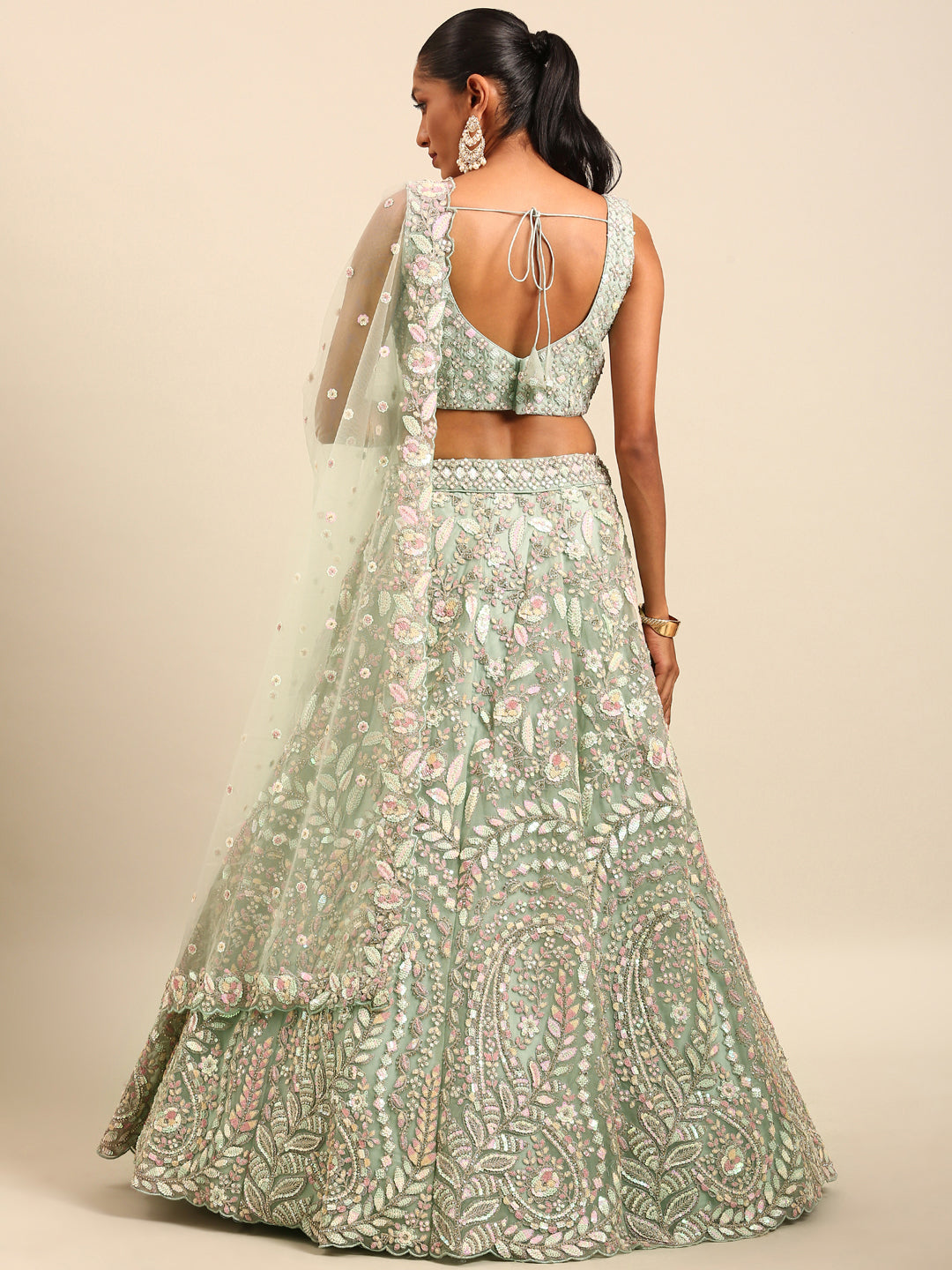 House of Panchhi Sea green Net Multi Sequins with heavy Zarkan embroidery Lehenga choli & Dupatta | Grocsy