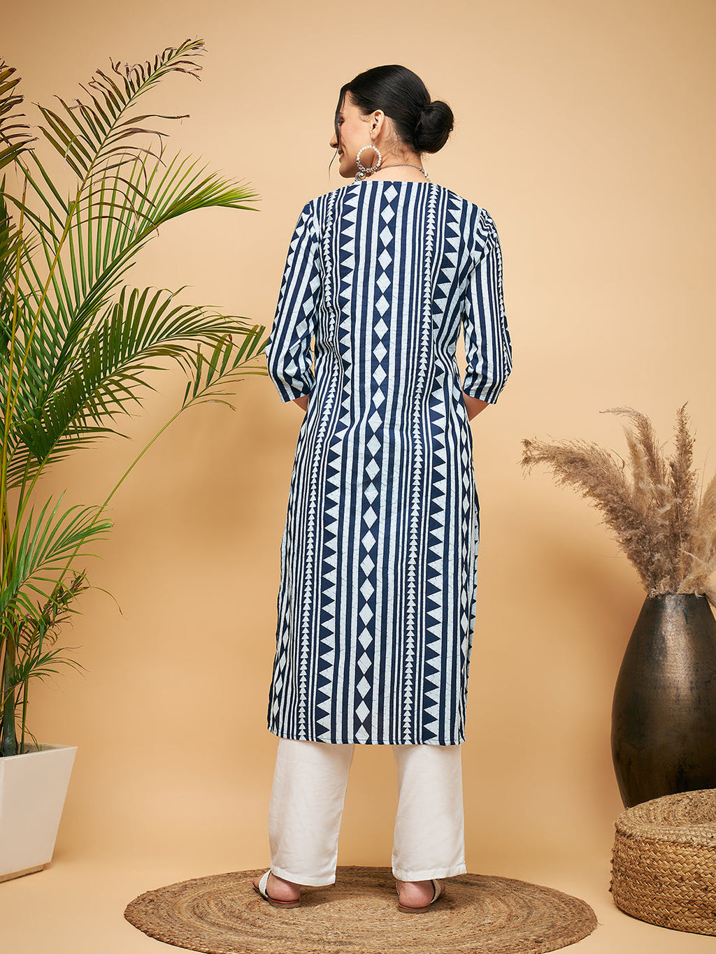 InWeave Women's White Navy Stripe Print Gota Straight Kurta Pant Set | Grocsy
