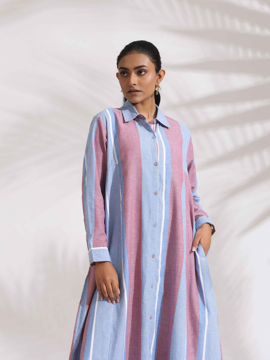 trueBrowns Blue Cotton Stripe Flared Shirt Dress | Grocsy