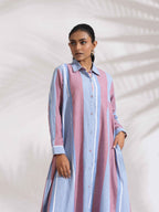 trueBrowns Blue Cotton Stripe Flared Shirt Dress | Grocsy