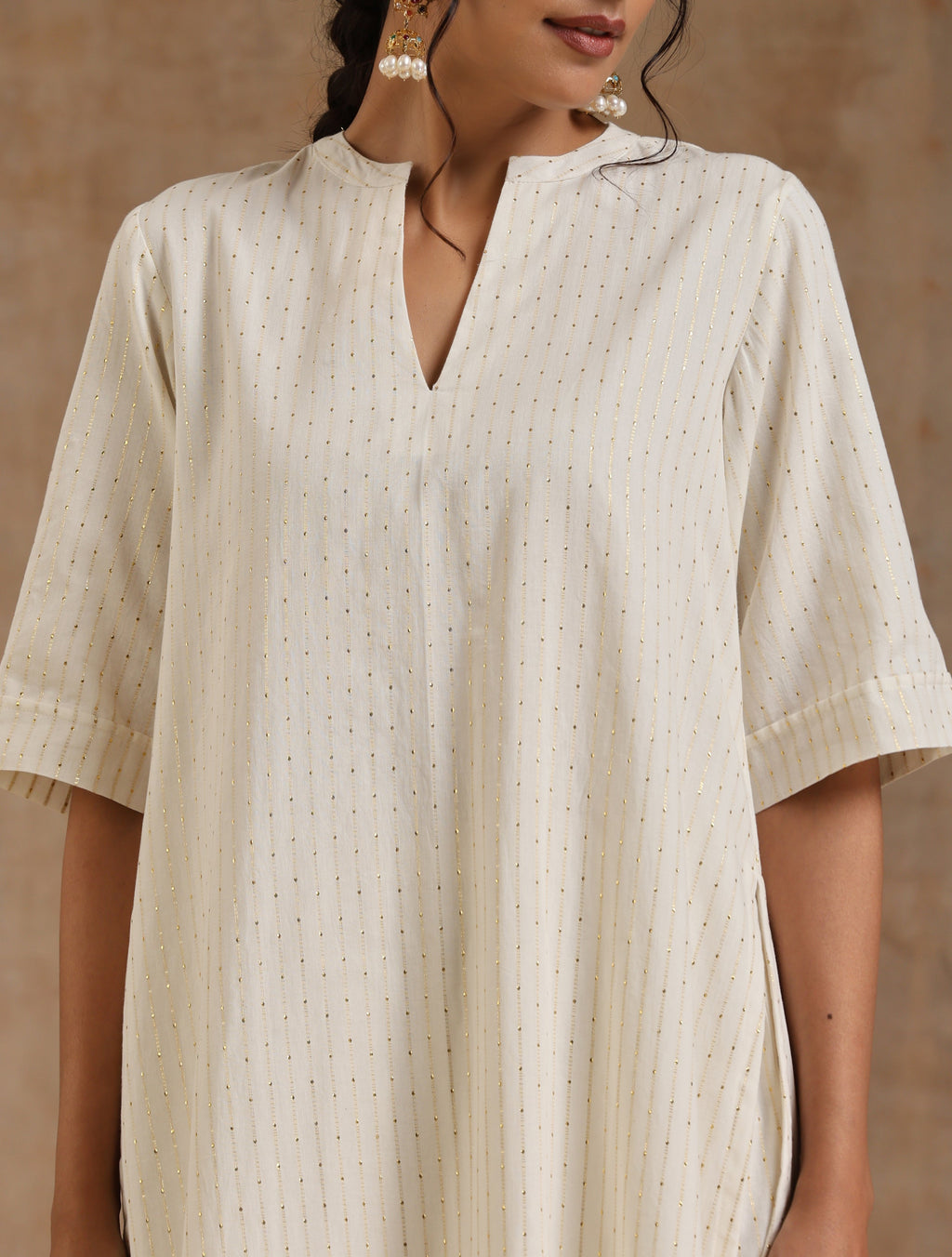 trueBrowns Ivory Gold Cotton Relaxed High-Low Kurta Set | Grocsy
