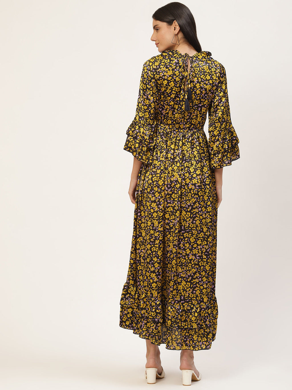 InWeave Women's Mustard Print Ruffled Dress | Grocsy
