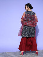 InWeave Women's Blue Printed Kurta Sharara Set With Burgundy Organza Dupatta | Grocsy