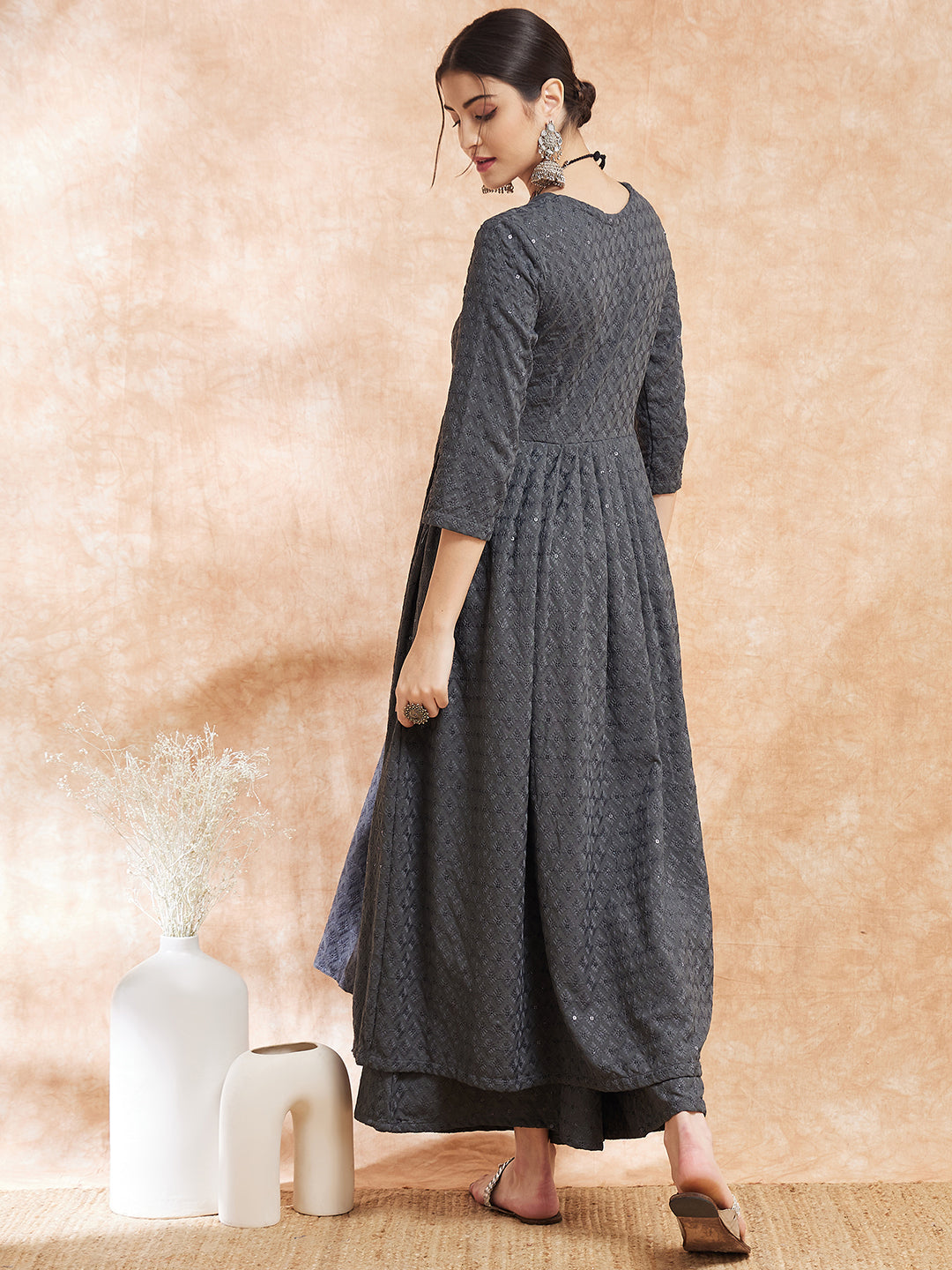InWeave Women's Grey Chikankari Long Anarkali Kurta Sharara Set | Grocsy