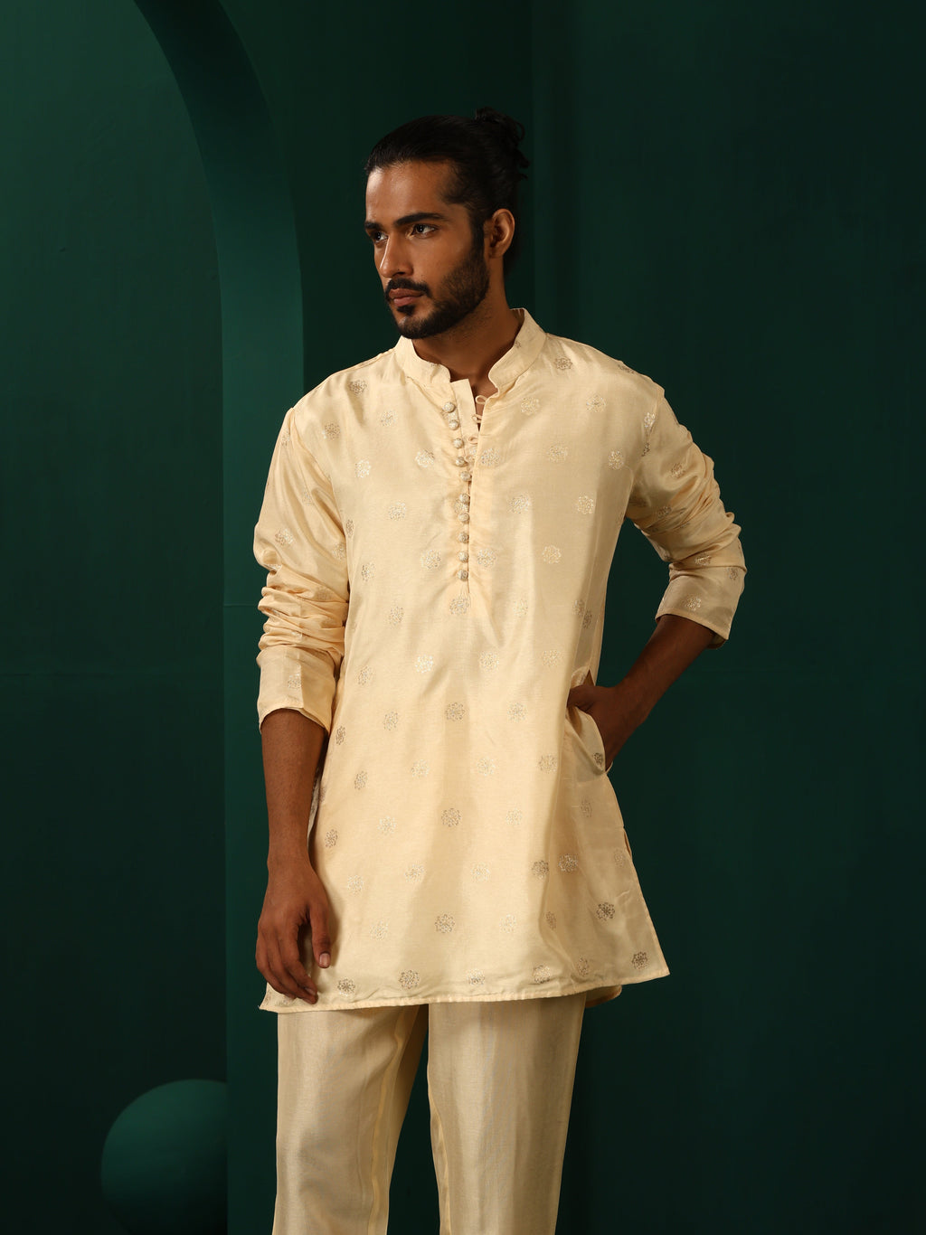 trueBrowns Men's Ivory Geometric Floral Viscose Silk Co-ord Set | Grocsy