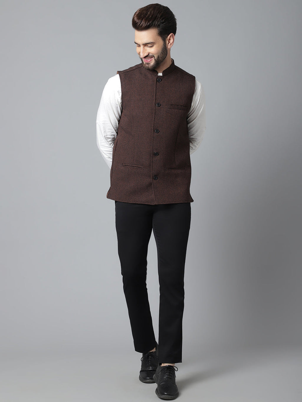 Even Apparels Men's Brown Nehru Jacket With Welt Pockets | Grocsy